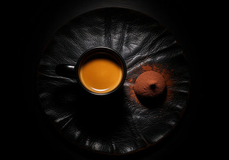 Espresso cup with rich crema and a cocoa dusted chocolate truffle placed on a circular, dark, textured leather surface. dramatic low key still life overhead shot emphasizing luxury and indulgence.の素材