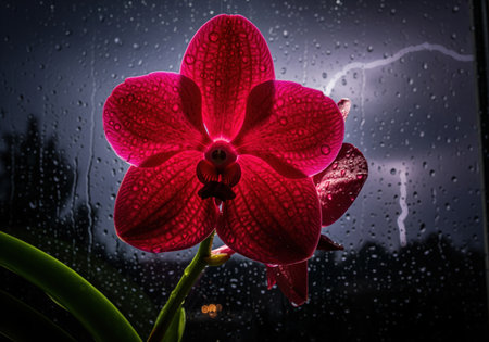 Intense red orchid flower, backlit and covered in water droplets, stands dramatically against a windowpane soaked with rain, illuminated by a flash of lightning during a powerful thunderstorm.の素材