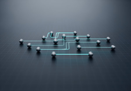 Abstract digital network visualization featuring metallic spheres connected by glowing blue lines on a dark, gridded surface. represents data transfer, technology, and complex systems.の素材