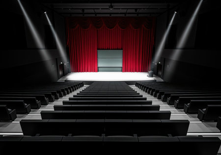 Empty modern theater auditorium featuring tiered black seating ascending toward a bright white stage area. dramatic red velvet curtains are illuminated by strong spotlights.の素材