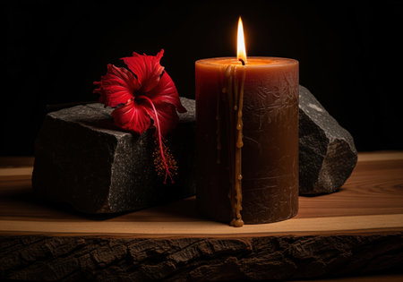 Lit brown pillar candle with dripping wax placed next to a vibrant red hibiscus flower and dark stones on a rustic wooden surface against a black background.の素材