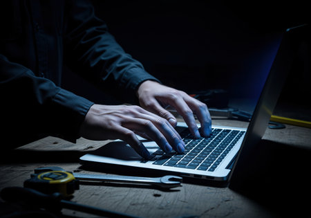 Tense hands typing rapidly on a laptop keyboard, illuminated by the screen light in a dark, low key environment. tools like a wrench and tape measure rest on the wooden table, suggesting coding, hacking, or technical repair work.の素材