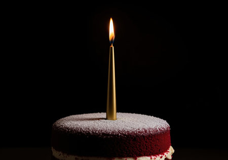 A single, tall, golden taper candle with a bright flickering flame is placed on a dark red velvet cake dusted with white powder, captured in dramatic low key lighting against a black background.の素材