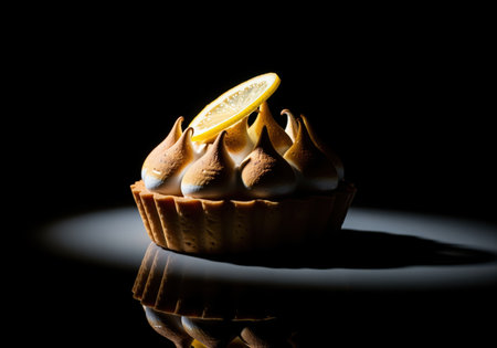 Lemon meringue tart featuring a golden crust, toasted meringue peaks, and a fresh lemon slice, dramatically illuminated by a spotlight against a dark, reflective background.の素材