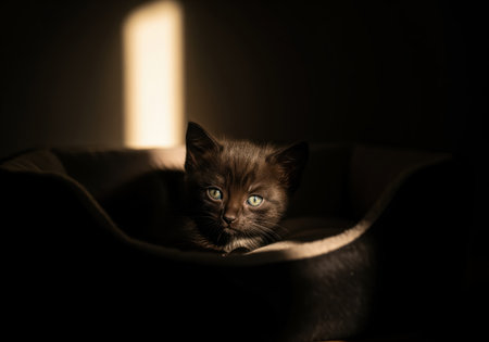 Tiny black kitten with brilliant emerald green eyes curled up protectively within a dark, plush pet bed. dramatic lighting highlights the face against deep shadows.の素材
