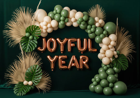 Joyful year rose gold foil lettering centered within an elegant balloon arch arrangement featuring sage green and cream balloons, dried palm fronds, and monstera leaves against a deep emerald velvet backdrop. perfect for celebration, party, or holiday greeting.の素材