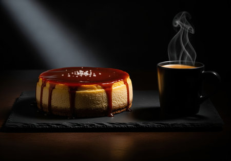 Salted caramel cheesecake with dripping sauce and sea salt flakes next to a steaming black mug of hot coffee. dramatic low key lighting on a dark slate board emphasizes indulgence and dessert.の素材