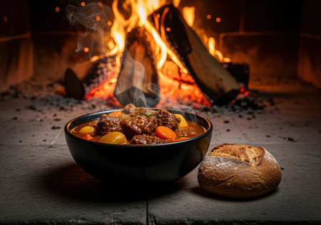 Hearty beef stew with vegetables and meat in a black bowl, accompanied by rustic bread, resting on a stone hearth illuminated by a roaring fireplace.の素材