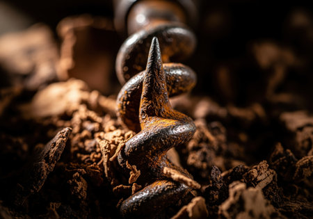 Heavily rusted, sharp metal spiral tip of an antique tool, dramatically illuminated in an extreme macro close up. surrounded by dark, coarse brown material debris.の素材