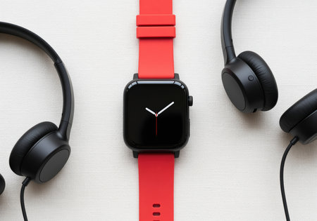 Smartwatch with a black screen and bright red silicone strap, centered between two black wireless headphones on a light textured surface. modern technology and fitness concept.の素材