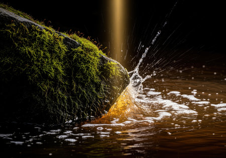 Dark, jagged rock covered in vibrant green moss submerged in brown water. dramatic splash and spray caused by impact, highlighted by a strong golden light beam against a black background.の素材