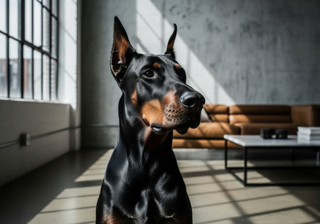 Black doberman pinscher dog portrait in a stylish, sunlit loft interior with concrete walls and large windows. the dog appears alert and regal, embodying strength and guardianship.の素材
