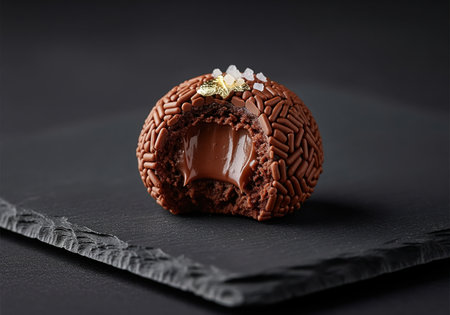 Decadent dark chocolate truffle with a bite taken out, revealing a rich, creamy filling. garnished with chocolate sprinkles, gold leaf, and sea salt, presented on a dark slate surface. represents luxury dessert and indulgence.の素材
