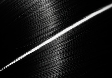 High contrast macro photograph of glossy, straight black hair. the sleek texture is emphasized by a bright diagonal light streak, highlighting smoothness and shine against a dark background.の素材