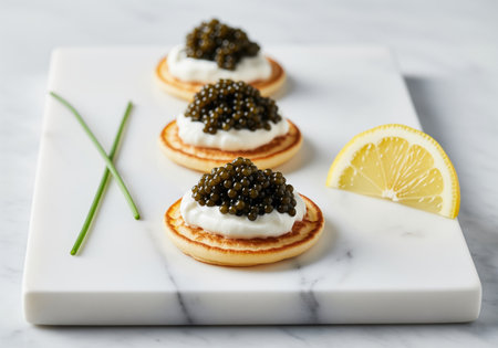 Three small blinis topped with luxurious black caviar and creamy crÃ¨me fraÃ®che, garnished with fresh chives and a lemon slice, presented on a white marble platter.の素材