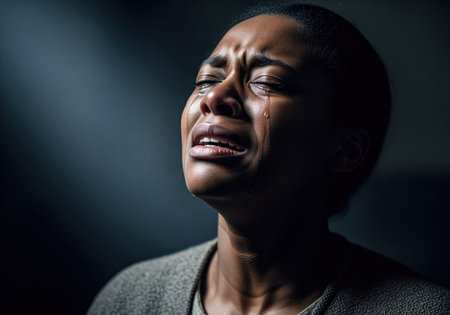 African woman crying intensely in a dramatic, high contrast close up portrait. tears stream down her face, conveying deep grief, pain, sadness, trauma, and despair.の素材