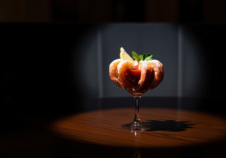 Elegant shrimp cocktail appetizer served in a stemmed glass filled with red sauce, garnished with lemon and parsley, highlighted by dramatic spotlighting on a dark wooden table.の素材