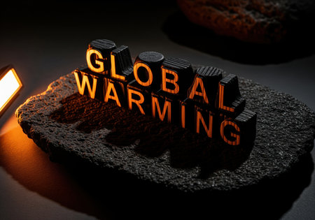 Global warming text spelled out in dark, charred blocks, dramatically illuminated with orange light on a rough, black rock surface. concept of climate crisis, heat, and environmental danger.の素材