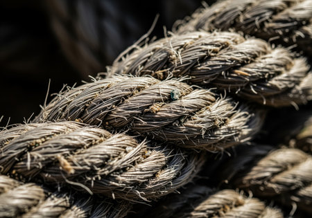 Extreme macro detail of thick, braided, weathered nautical rope. the coarse natural fibers are frayed and worn, highlighting rough texture and durability against a dark background.の素材