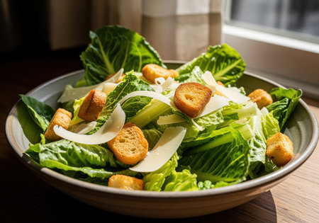 Classic caesar salad served in a rustic bowl, featuring crisp romaine lettuce, golden croutons, and large shavings of parmesan cheese. a healthy, fresh, and appetizing meal preparation shot under natural window light.の素材