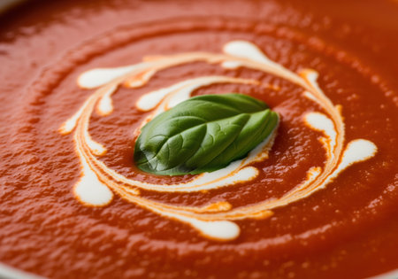 Rich and creamy tomato soup closeup, featuring a decorative swirl of white cream and a fresh green basil leaf garnish. appetizing, healthy comfort food.の素材