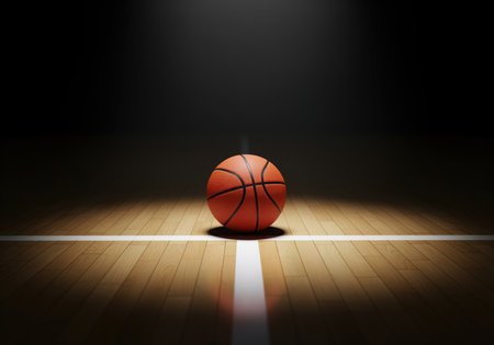 Basketball centered on a polished hardwood court floor, dramatically illuminated by a spotlight. the ball rests on the intersection of the white court lines, symbolizing focus, competition, and professional sports.の素材