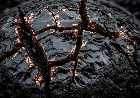 Intensely dark, rough surface of cooled obsidian rock featuring a glassy texture and deep, jagged fissures. the cracks reveal a subtle reddish copper glow beneath, highlighting geological structure and power.の素材