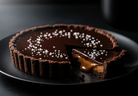Rich dark chocolate tart on a black plate, featuring a slice cut out to show the thick, flowing salted caramel filling. topped with glossy chocolate ganache and sea salt flakes.の素材