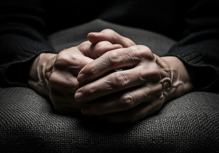 Deeply wrinkled clasped hands of an elderly man resting on a textured gray fabric in dramatic low key lighting. suggests concepts of aging, worry, anxiety, and loneliness.の素材