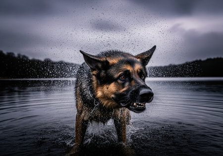 German shepherd dog shaking violently, spraying water droplets off its saturated dark coat while standing in the dark water of a lake under a moody, overcast sky.の素材