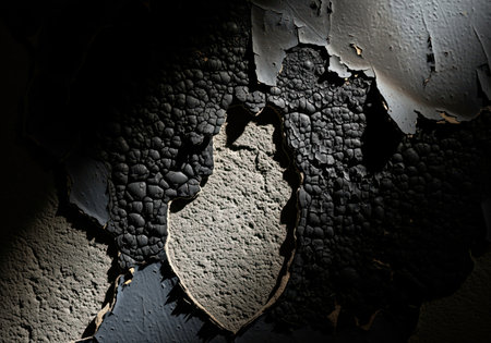 Severely damaged wall texture featuring dramatically lit, bubbled, and cracked black paint peeling away from the rough gray concrete substrate. abstract background of decay and grunge.の素材