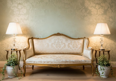 Luxurious cream brocade settee with a gilded frame centered against a sage green wall featuring a subtle damask pattern. flanked by two crystal table lamps on small side tables, emphasizing elegance and classic interior design.の素材