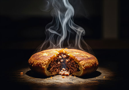 Deep fried golden patty cracked open, revealing a savory minced meat filling. dramatic low key lighting highlights the texture and rising steam, suggesting freshness and heat.の素材