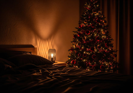 Decorated christmas tree and a bedside lamp providing the only warm illumination in a cozy, dark bedroom setting. the low light emphasizes the festive holiday atmosphere and intimate winter night feeling.の素材