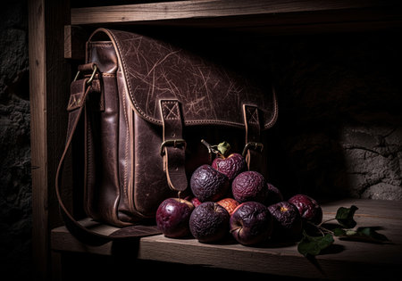 Vintage dark brown leather satchel standing on a rustic wooden shelf next to a pile of deep burgundy, wrinkled apples. low key lighting creates a moody, evocative still life scene symbolizing decay, time, and forgotten objects.の素材