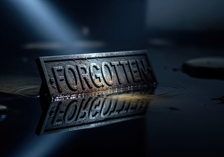 Weathered metal plate engraved with the word FORGOTTEN, partially submerged in dark, reflective water under a dramatic beam of light. concept of loss, memory, and abandonment.の素材