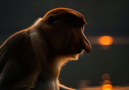 Proboscis monkey nasalis larvatus in a dramatic profile silhouette. golden rim light highlights the large nose and fur against a dark, bokeh background during twilight.の素材