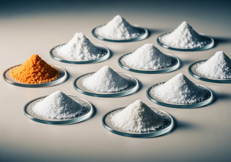 Scientific display of multiple small piles of white powder and one contrasting orange substance, possibly chemicals or ingredients, arranged on glass watch plates in a laboratory setting.の素材