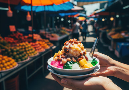Colorful asian shaved ice dessert topped with sweet red beans, condensed milk, jelly, and fruit chunks, held in hands at a vibrant outdoor street food market.の素材