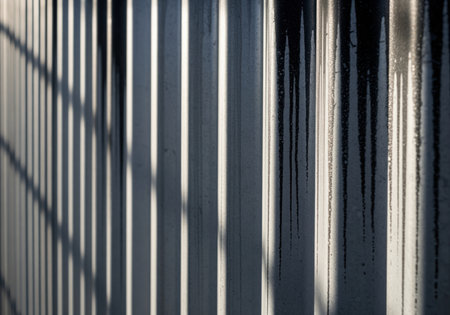 Corrugated metal wall texture featuring deep vertical shadows cast by strong sunlight. the surface is marked by dark, dripping grime, creating an abstract, industrial pattern.の素材