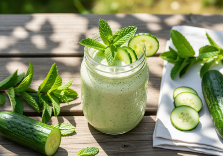 Green cucumber and mint smoothie served in a mason jar, garnished with fresh mint leaves and cucumber slices. surrounded by raw ingredients on a rustic wooden table outdoors. healthy, detox, and refreshing summer drink concept.の素材