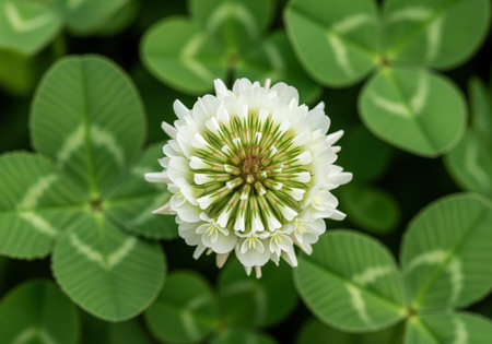 Perfectly formed white clover flower head trifolium repens centered among lush green clover leaves. detailed macro view highlighting natural texture, botany, and spring growth.の素材