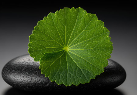 Single vibrant green leaf with detailed veins resting on a smooth, polished black basalt stone. studio shot emphasizing tranquility, balance, nature, and herbal medicine concepts for spa and wellness.の素材