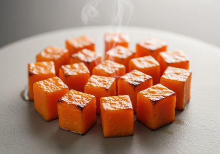 Steaming hot roasted sweet potato cubes, caramelized and bright orange, arranged neatly on a minimal gray serving plate. focus on fresh, healthy, gourmet food preparation and cooking.の素材