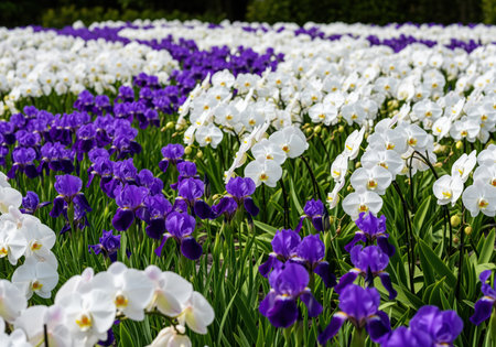 White orchid flowers and vibrant purple iris blossoms growing together in a meticulously maintained garden meadow. lush green foliage provides a natural backdrop for the striking floral contrast, symbolizing beauty, spring, and growth.の素材