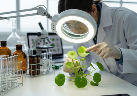 Female researcher analyzing centella asiatica plant sample under a magnifying glass in a modern biotechnology laboratory, focusing on botanical and herbal medicine research.の素材
