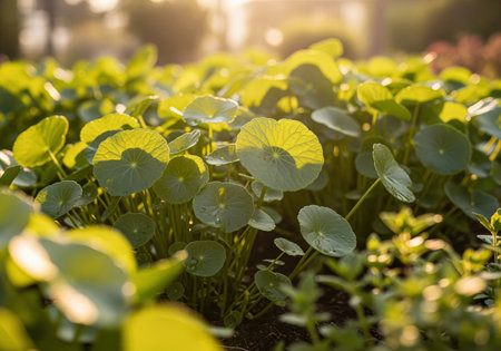 Centella asiatica gotu kola growing densely in rich soil, illuminated by bright golden sunlight. focus on the round, vibrant green leaves. used in herbal medicine and wellness.の素材