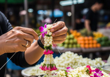 Woman hands meticulously threading fresh white jasmine buds and vibrant pink orchid petals onto a string to create a traditional thai malai garland in a bustling flower market. focus on asian culture and craftsmanship.の素材