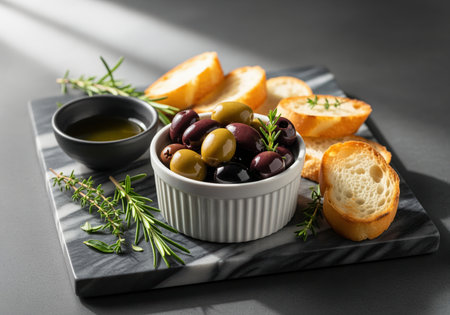 Mixed green and black olives served in a white bowl with olive oil, fresh rosemary, thyme, and toasted baguette slices. presented on a gray marble serving board, emphasizing mediterranean cuisine and gourmet appetizers.の素材
