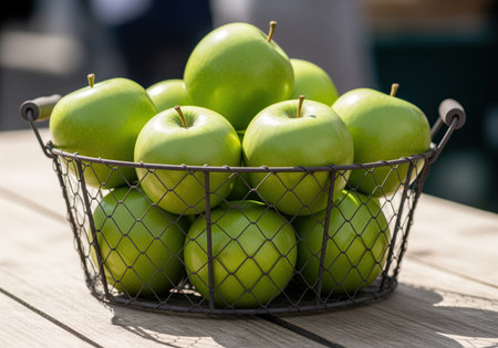 Freshly picked bright green granny smith apples piled high in a rustic metal wire basket, sitting on a weathered wooden plank table outdoors in sunlight. healthy eating, harvest, and organic food concept.の素材